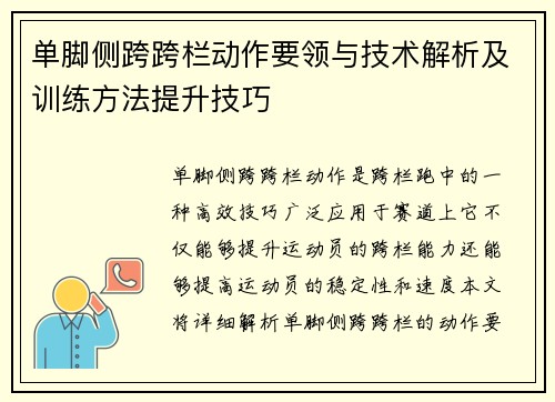 单脚侧跨跨栏动作要领与技术解析及训练方法提升技巧